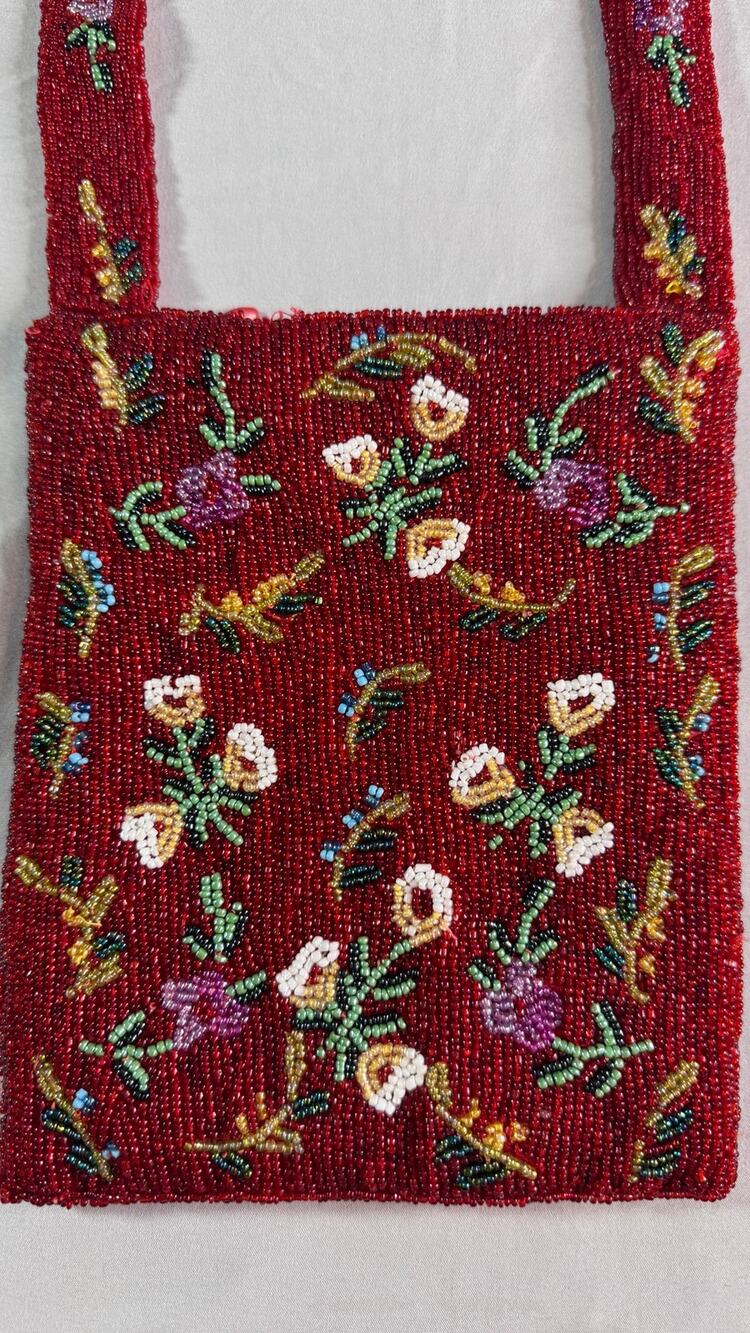 Vintage Christiana Red Beaded Floral Shoulder Bag Purse Hand Beaded India